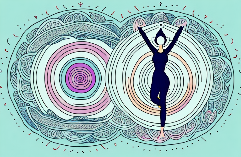 A person in a yoga pose surrounded by a circle of various health symbols