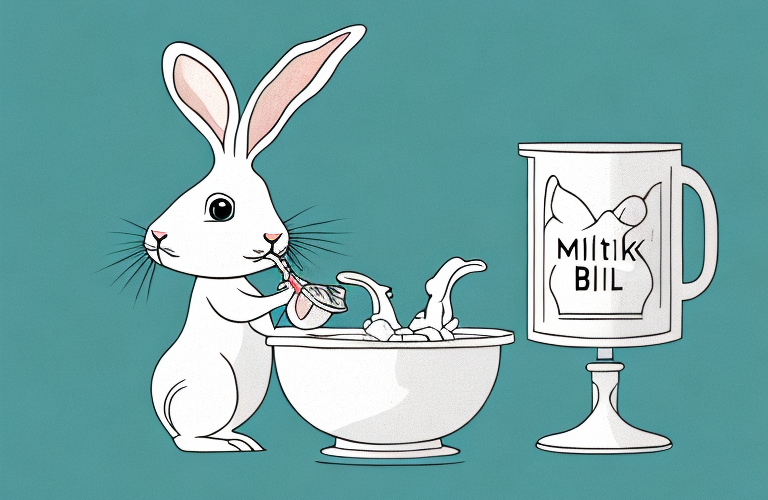 A rabbit drinking from a bowl of milk