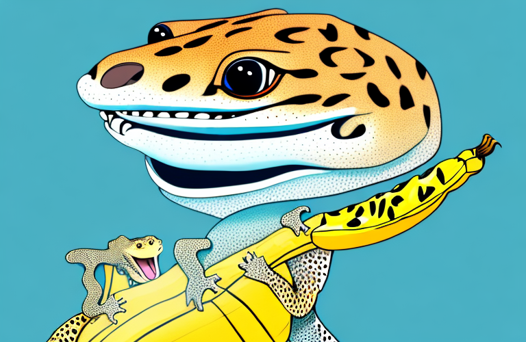 A leopard gecko eating a banana