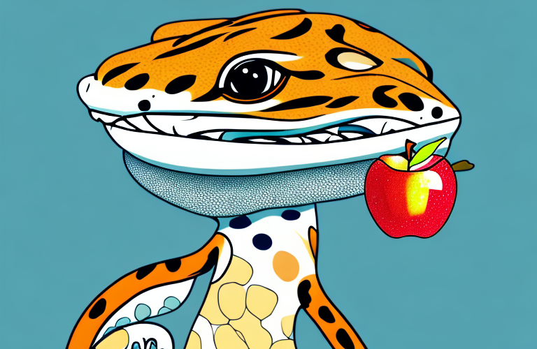 A leopard gecko eating an apple