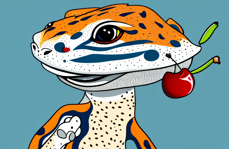 A leopard gecko eating a cherry