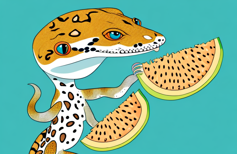 A leopard gecko eating a piece of cantaloupe