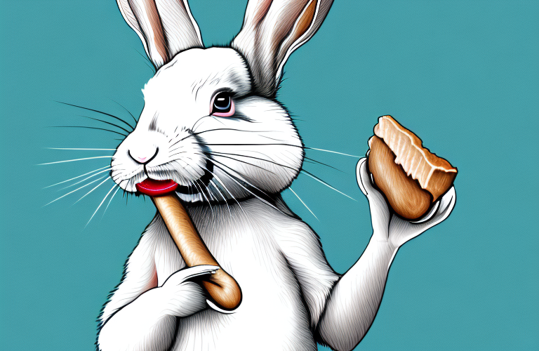 A rabbit holding a beef bone in its mouth