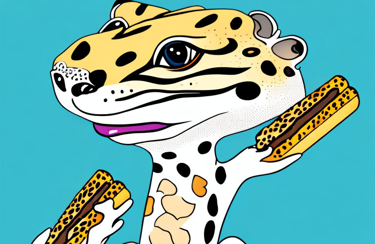 A leopard gecko eating a baguette