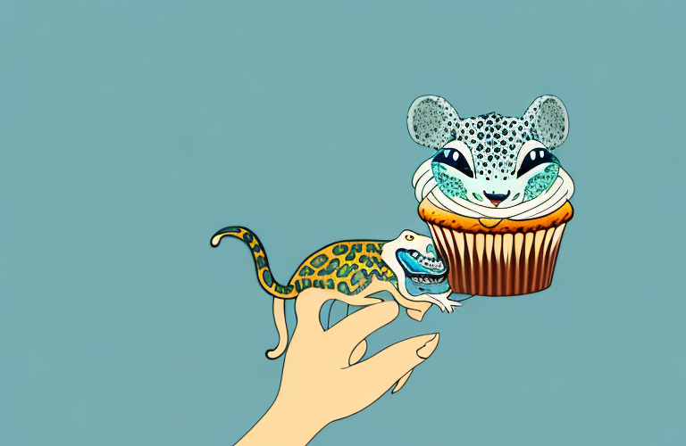 A leopard gecko eating a cupcake