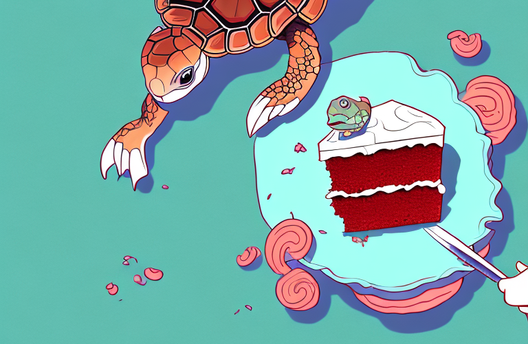 A turtle eating a slice of red velvet cake