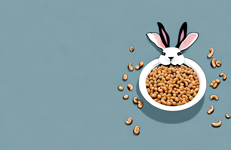 A rabbit eating a bowl of black-eyed peas
