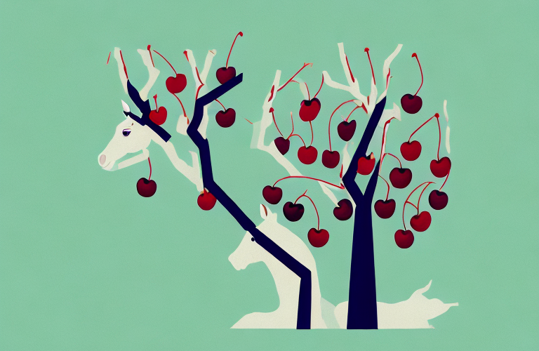 A horse eating cherries from a tree