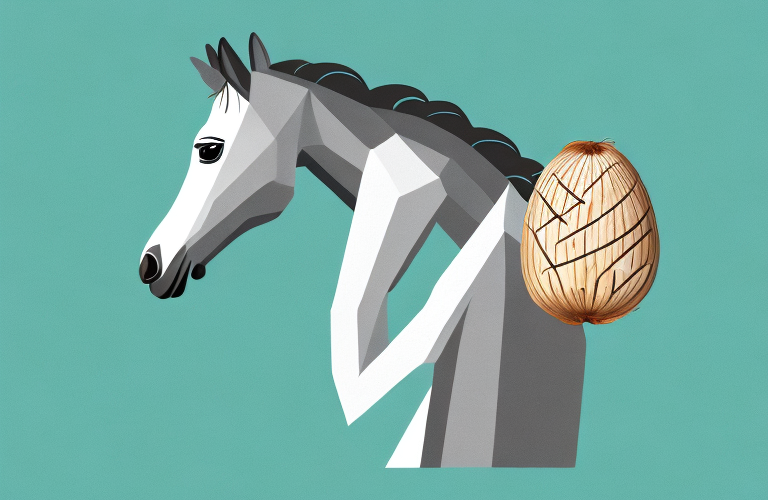 A horse eating a coconut