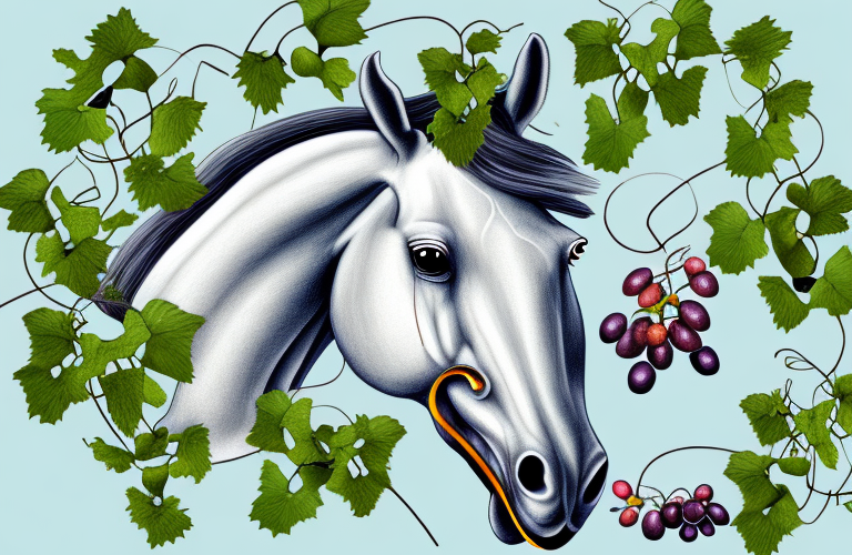 A horse eating grapes from a vine