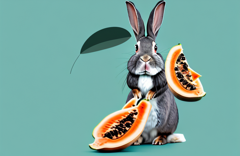 A rabbit eating a papaya