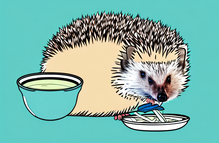 A hedgehog drinking chicken broth from a bowl