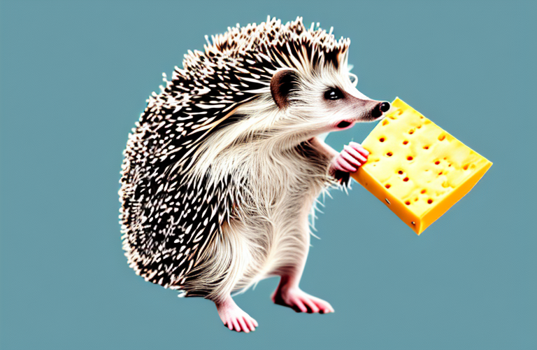 A hedgehog eating a piece of cheddar cheese