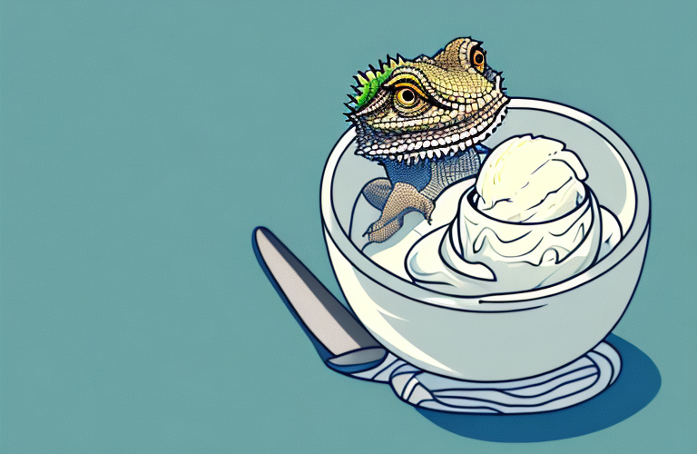 A bearded dragon eating a bowl of vanilla ice cream