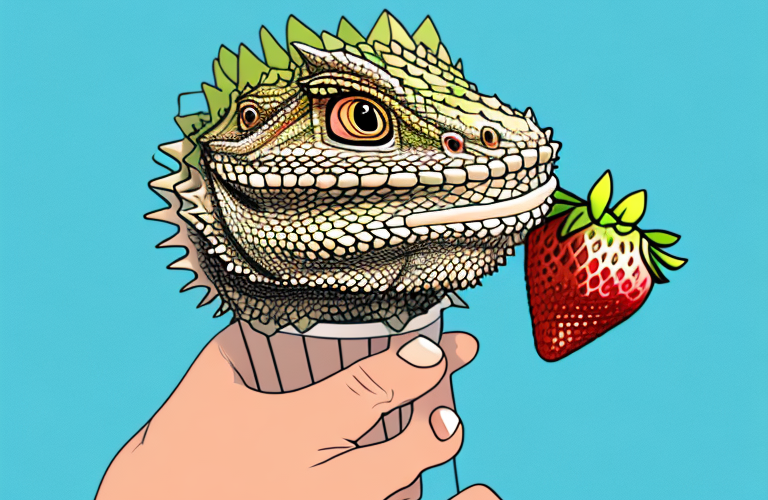 A bearded dragon eating a strawberry ice cream cone