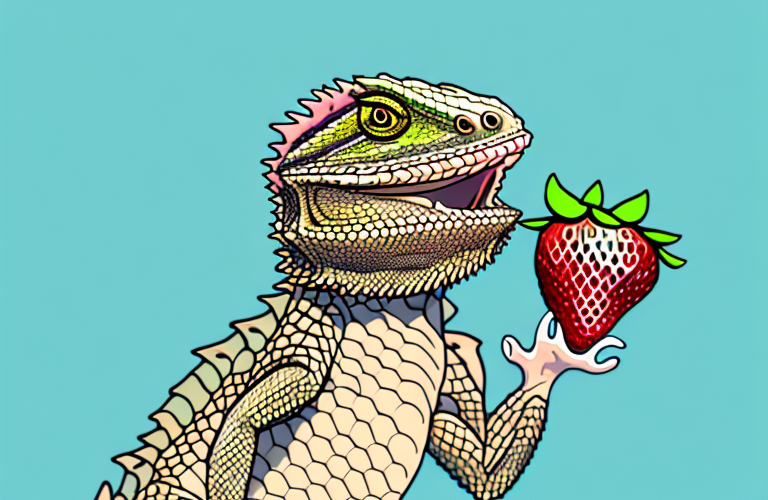 A bearded dragon eating a strawberry yogurt