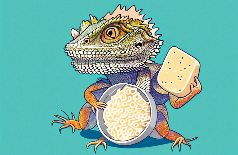A bearded dragon eating parmesan cheese