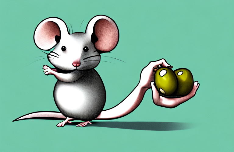 A mouse holding an olive in its paws