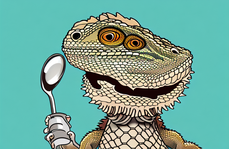 A bearded dragon eating syrup from a spoon