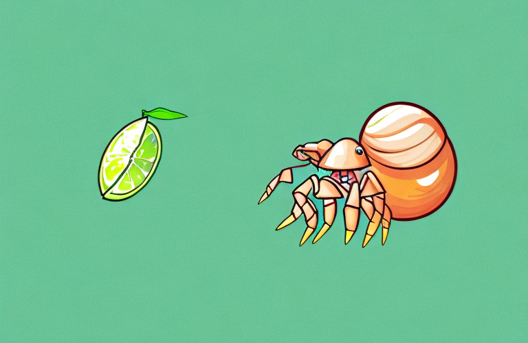 A hermit crab holding a lime in its claws
