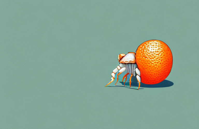 A hermit crab eating a bergamot orange