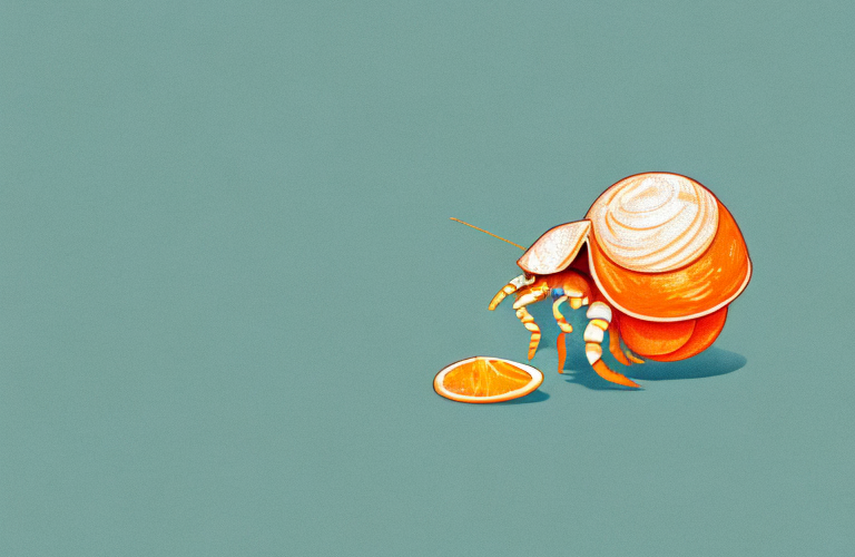 A hermit crab eating a clementine