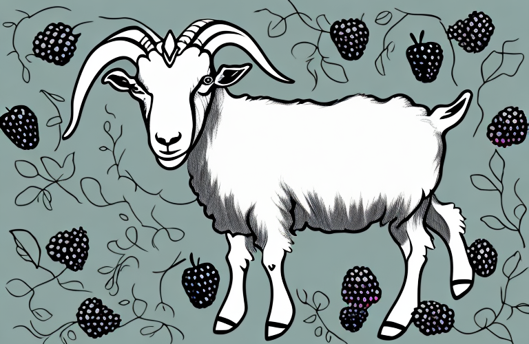 A goat eating blackberries from a bush