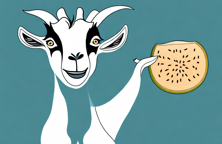 A goat eating a cantaloupe