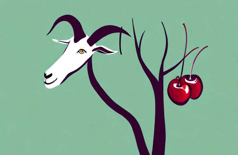 A goat eating cherries from a tree