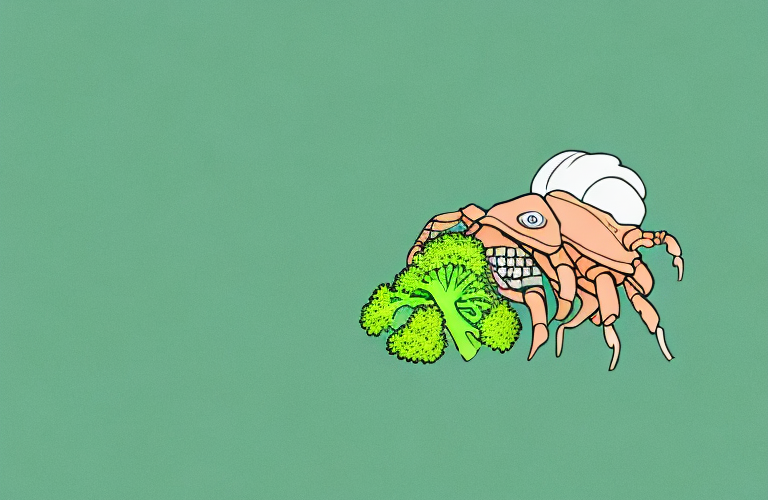A hermit crab eating a piece of broccoli