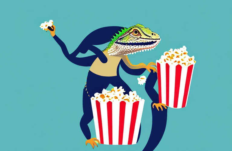 A bearded dragon eating popcorn