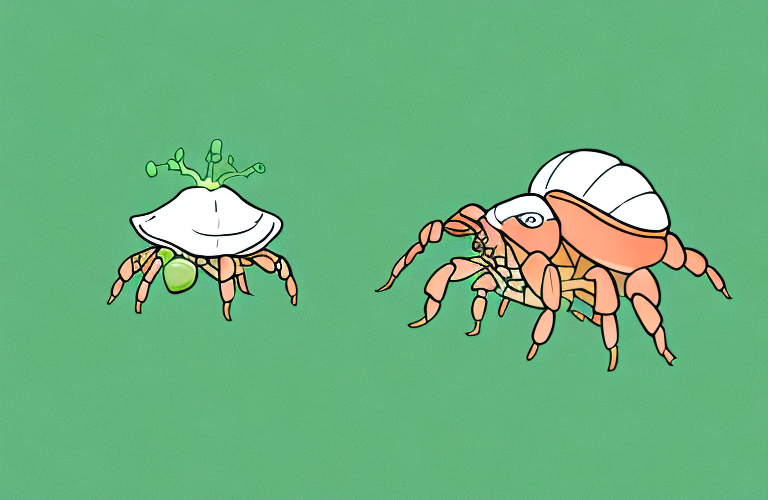 A hermit crab eating green peas
