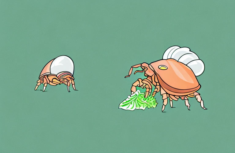 A hermit crab eating a piece of lettuce