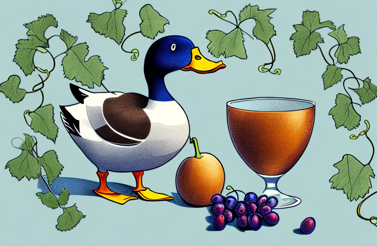 A duck eating grapes from a vine