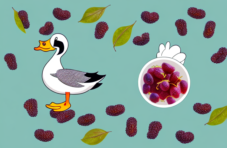 A duck eating mulberries from a tree
