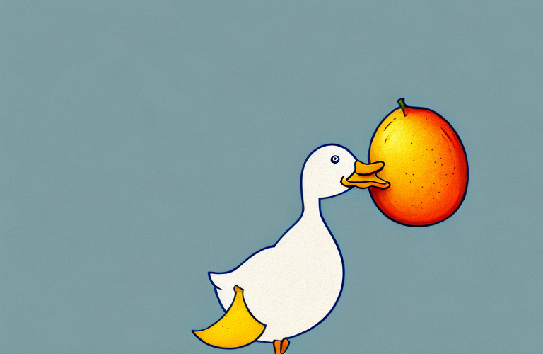 A duck eating an apricot