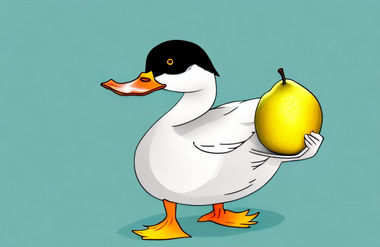 A duck eating a quince