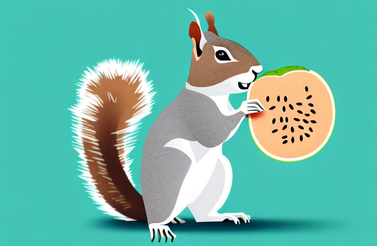 A squirrel eating a slice of cantaloupe