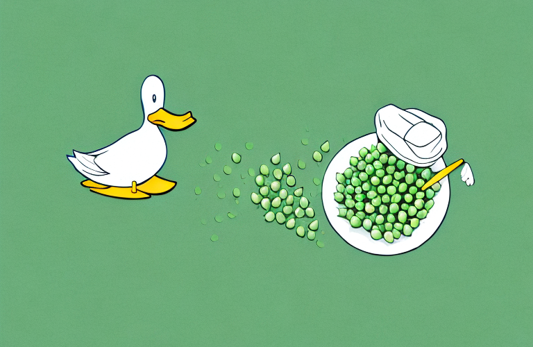 A duck eating green peas