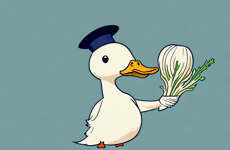 A duck eating a parsnip
