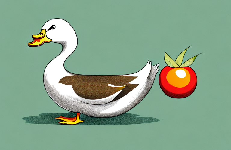 A duck eating a tomatillo