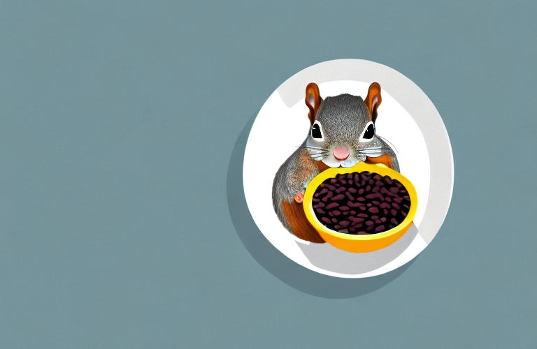 A squirrel holding a bowl of black beans