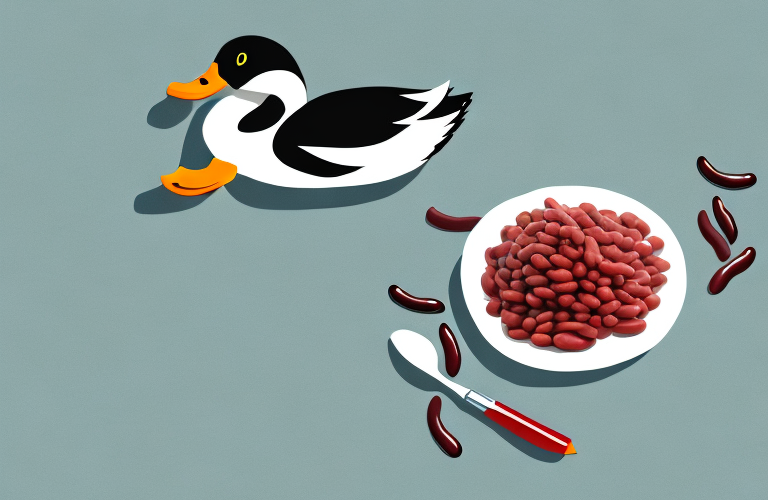 A duck eating red beans