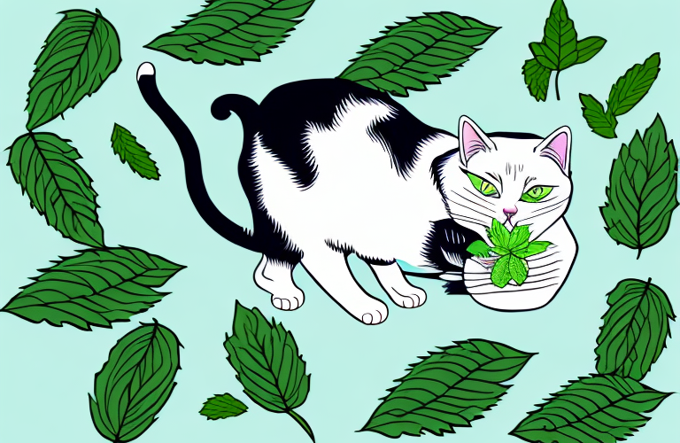 A cat eating spearmint leaves