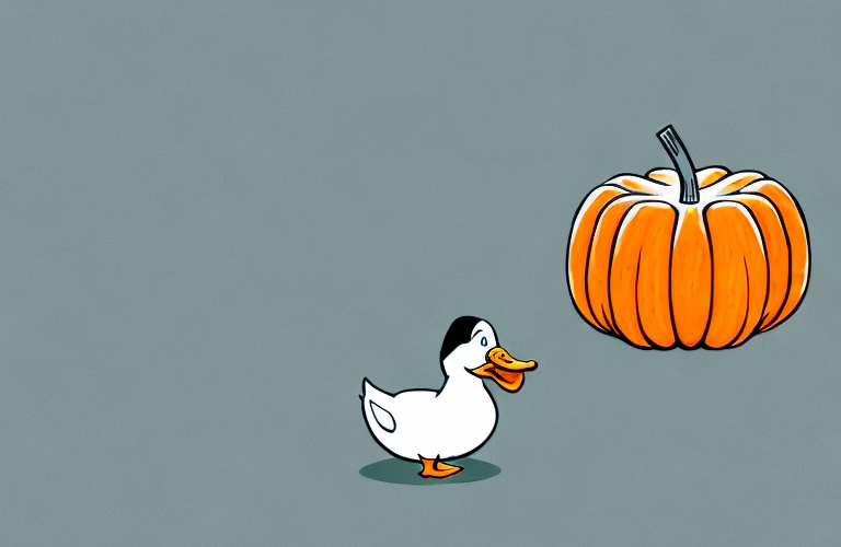 A duck eating a pumpkin squash