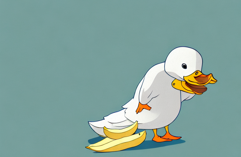 A duck eating a plantain
