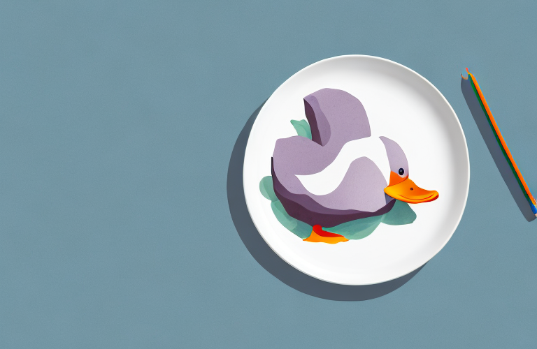A duck eating taro from a plate