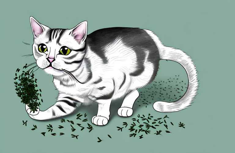 A cat eating a sprig of thyme