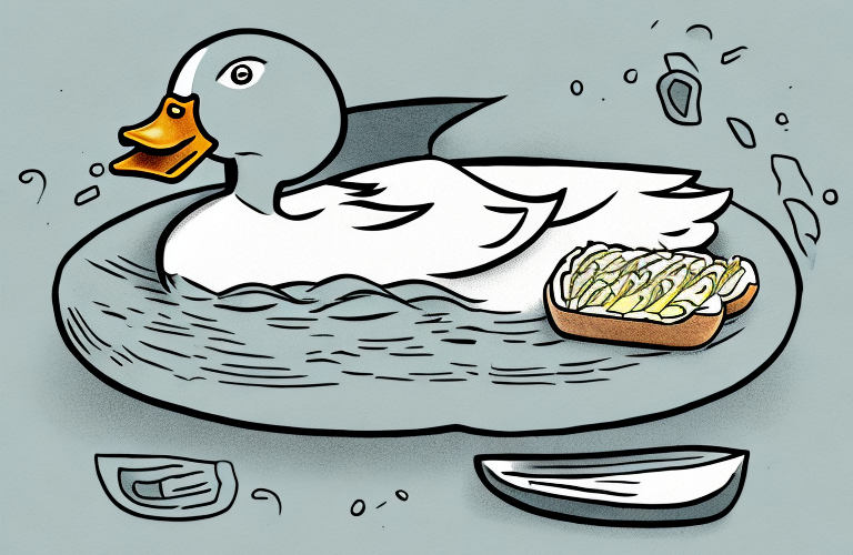 A duck eating garlic bread