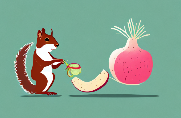 A squirrel eating a radish in a natural environment